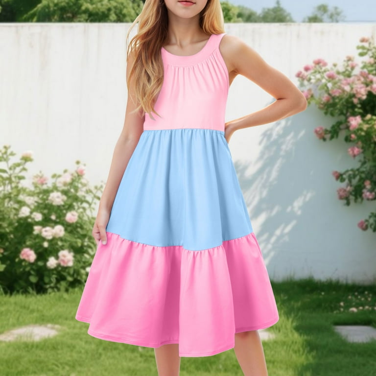 ZTKWD Girls' Floral A-Line Dress Short Sleeve Casual Sundress Holiday Swing Summer Dress Girls Dresses Size 10-12 Blue Black Summer Dress Juniors Boho