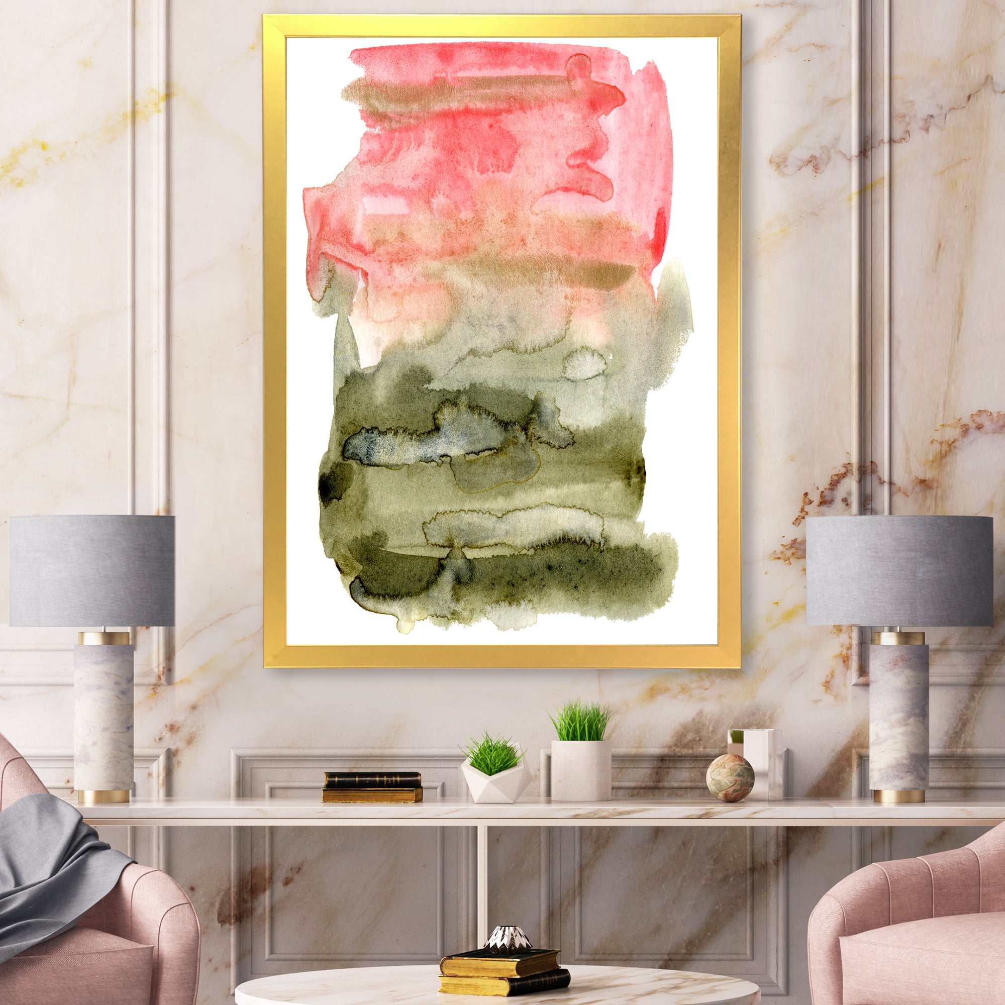 Designart 'Red Pink and Green Abstract Clouds' Modern Framed Art Print