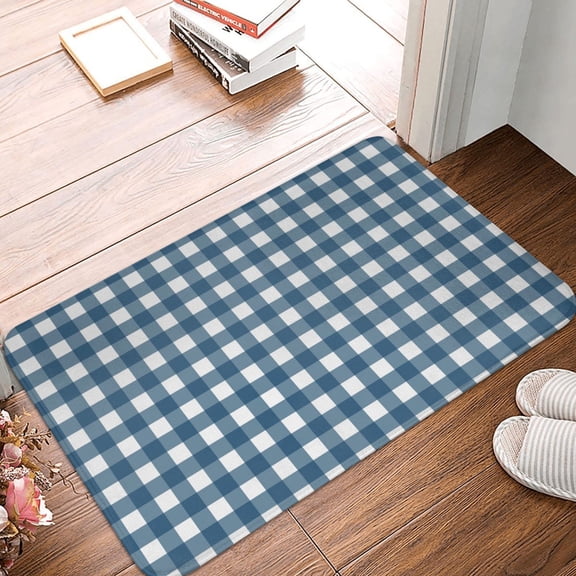 Front Door Mat Indoor Outdoor Outside Entrance - 16*24in Washable Blue Gingham Check Plaid Thin Bathroom Rugs Fit Under Door, Bath Rugs for Bathroom, Kitchen Rugs Mats for Floor