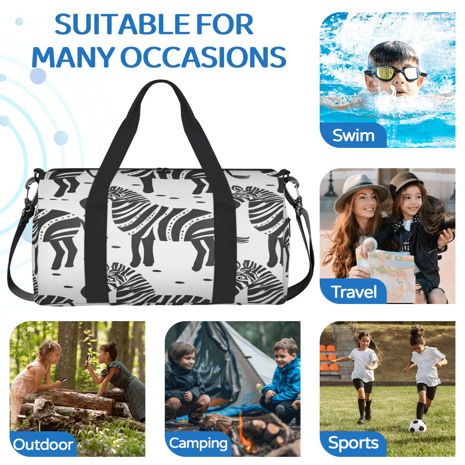 Herdesigns Zebra Pattern Travel Duffle Bag Sports Yoga Weekender Overnight Carry on Workout Bags Lightweight Waterproof Gym Tote Bag for Women Animal