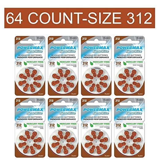 Powermax USA Premium ZincAir Hearing Aid Batteries, Size 312, 64 Count
