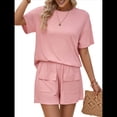 thumbnail image 1 of Conjunto de Dos Piezas de Pantalones Cortos A Juego para Mujer, de Punto, con Bolsillos, Cuello Redondo, Corta y Verano. Rosa L, 1 of 10