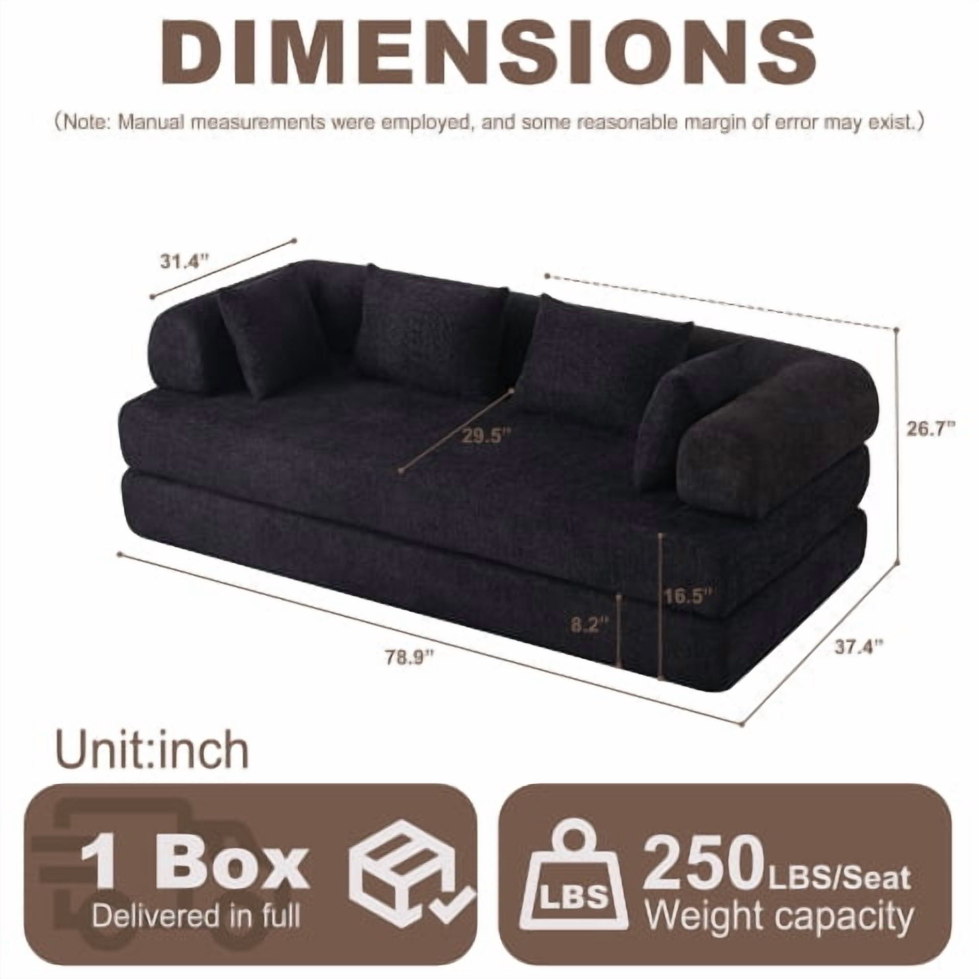 78.9-Inch Convertible Sleeper Sofa, Stain-Resistant Chenille Folding Mattress, DIY Modular Floor Lounge with Removable Armrests, Black