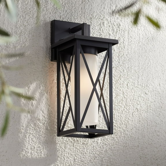 360 Lighting Raynor 15" High Modern Outdoor Wall Light Fixture Mount Porch House Exterior Weatherproof Black Metal Glass Shade