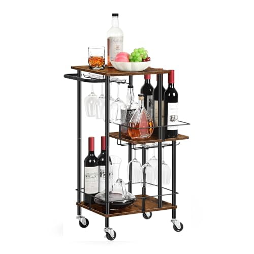 Brown Bar Cart for The Home Small Bar Serving Carts with Wheels 3 Tier Rolling Wine Cart with Glass Holder Mini Mobile Drink Beverage Liquor Cart, for Kitchen, Dining Room, Living Room