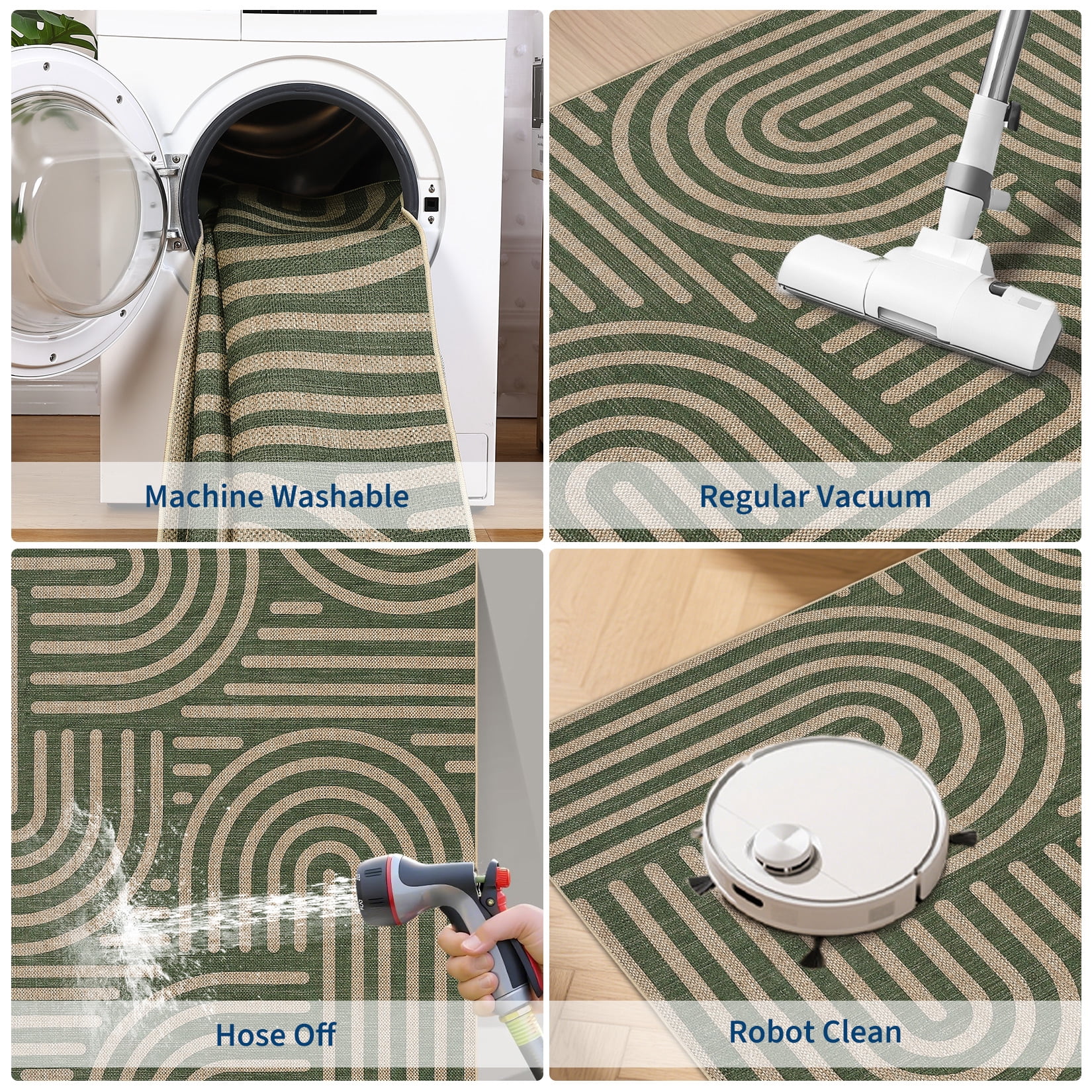 Garvee 2'x6' Geometric Runner Rug Easy Jute Carpet, Abstract Washable Rug Rainbow Non Slip Indoor Outdoor Accent Rug for Hallway Bedroom Kitchen, Green