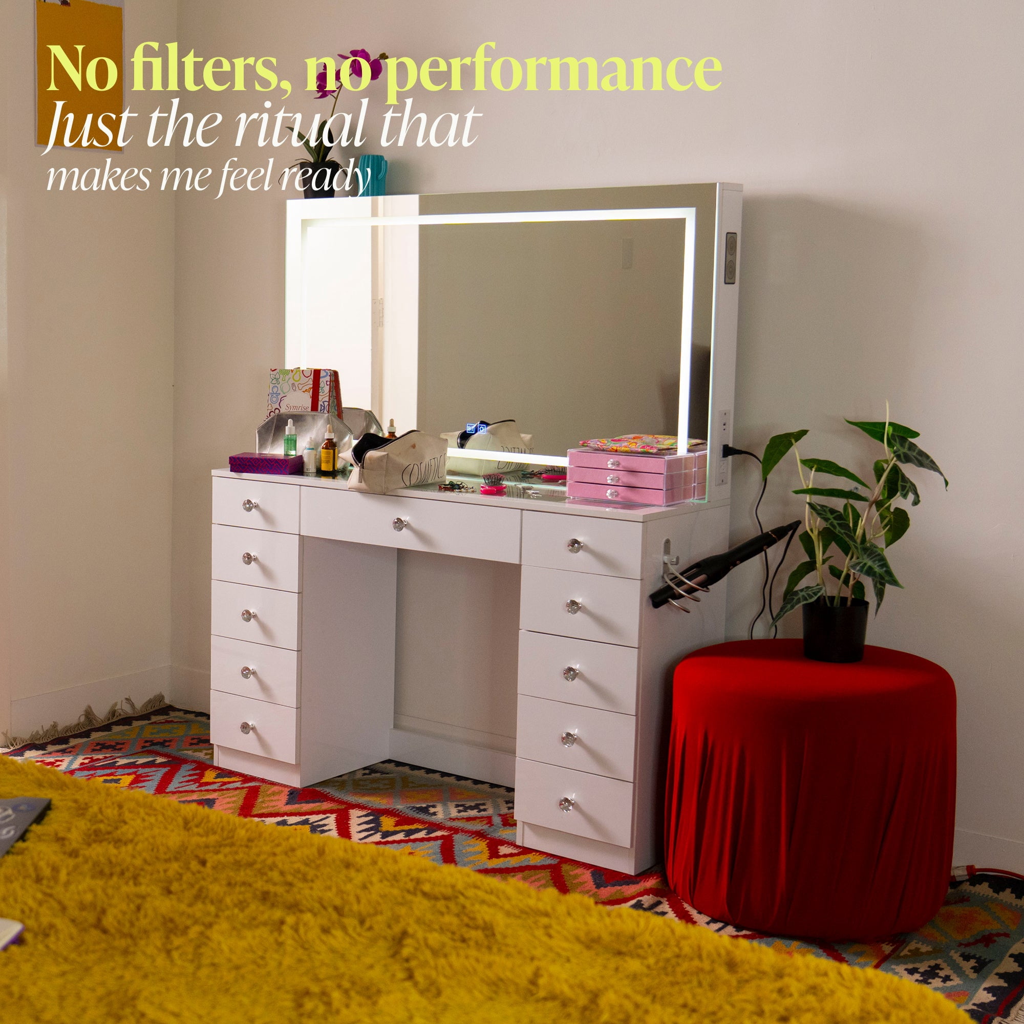Boahaus Amelia Vanity Desk with Mirror and Lights – 11 Drawer Makeup Vanity Table with Storage, Power Outlet and Speakers