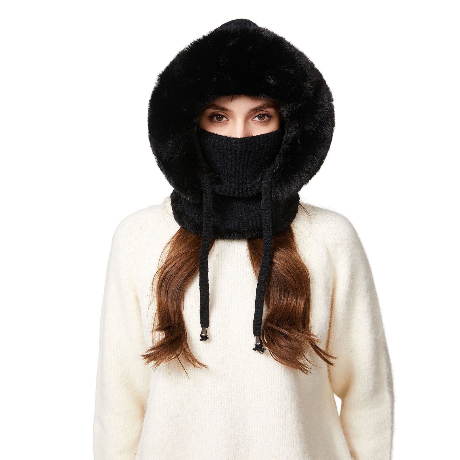 YZEGDCH Black Women One Piece Slouchy Fleece Thicken Beanie Winter Hats Scarf Mask Drawstring Warm Hooded Winter Balaclava Pullover Knitted Winter Hat, Birthday Valentines Gift for Women