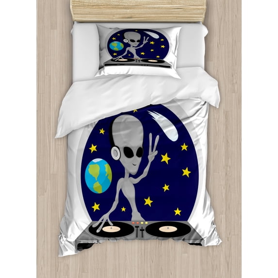 Science Party Duvet Cover Set Twin Size, Illustration of DJ Alien Playing a Turntable on Space Background, Decorative 2 Piece Bedding Set with 1 Pillow Sham, White and Multicolor, by Ambesonne