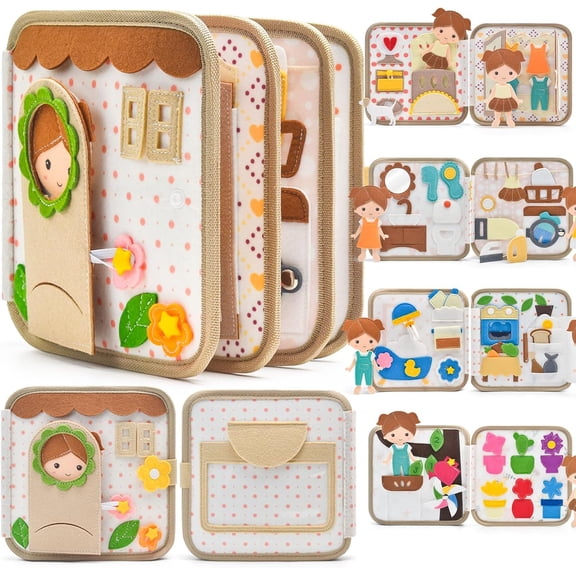 Montessori Busy Book for Toddlers 1-3, Felt Quiet Book & Busy Board for Preschool Learning, Fine Motor Skills, Sensory Play, Educational Travel Toy & Gift – Pretend Play for Unisex, Brown
