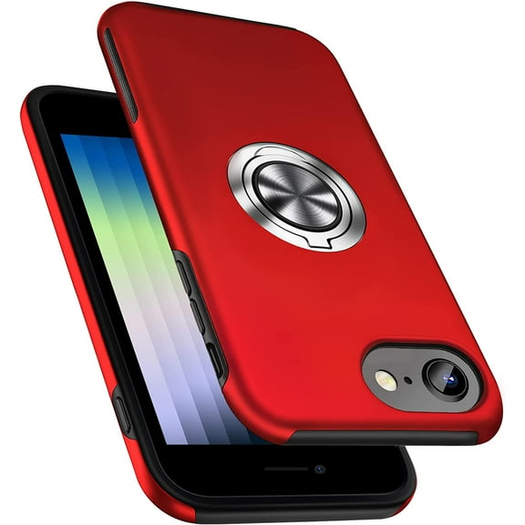 Shockproof Case for iPhone SE 3/SE 2020/7/8, [Embedded Finger Ring] Military Grade Phone Case Cover with Reinforced Metal Stand Kickstand [Support Magnetic Car Holder] for iPhone SE 3, Red