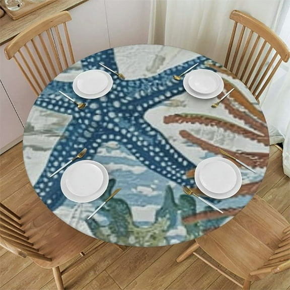 Round Fitted Tablecloth with Elastic Coastal Sea Turtle Coral Tablecloths Washable Patio Table Cover for Kitchen Dinner Party Picnic Decor