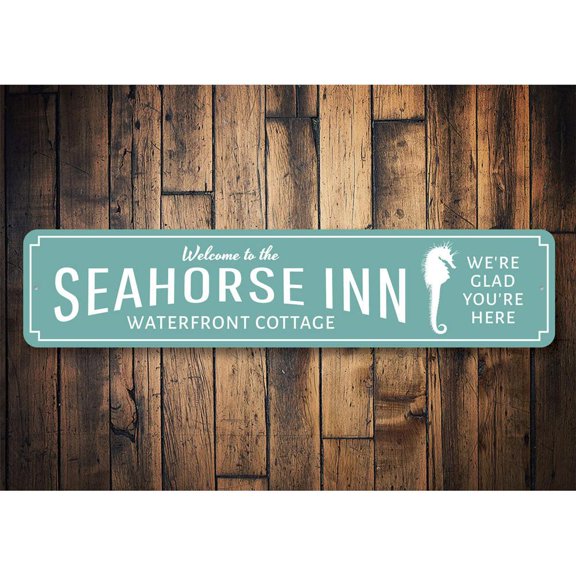 Seahorse Inn Welcome Novelty Sign, Metal Wall Decor - 4x18 inches
