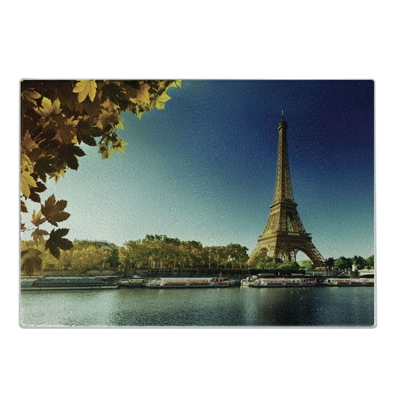 Eiffel Tower Cutting Board, Seine in Paris with Eiffel Tower Autumn Leaves Riverside Scenery, Decorative Tempered Glass Cutting and Serving Board, Small Size, Earth Yellow Green Blue, by Ambesonne