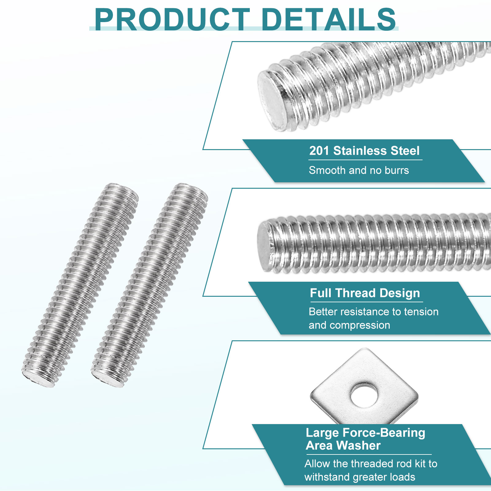 8Pack Fully Threaded Rod, M10 x 50mm 201 Stainless Steel with Nuts Washers