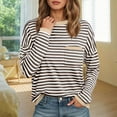 thumbnail image 2 of Womens Striped Long Sleeve Shirts 2025 Fall Trendy Round Neck Color Block Blouses Fashion Casual Relaxed Fit Tops with Pocket Khaki XL, 2 of 5