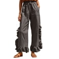 thumbnail image 2 of Bloomae Wide Leg Boho Pants Women Casual Drawstring Elastic High Waisted Flowy Ruffled Hem Palazzo Pants Trendy Beach Vacation Lounge Trousers with Pockets, 2 of 9
