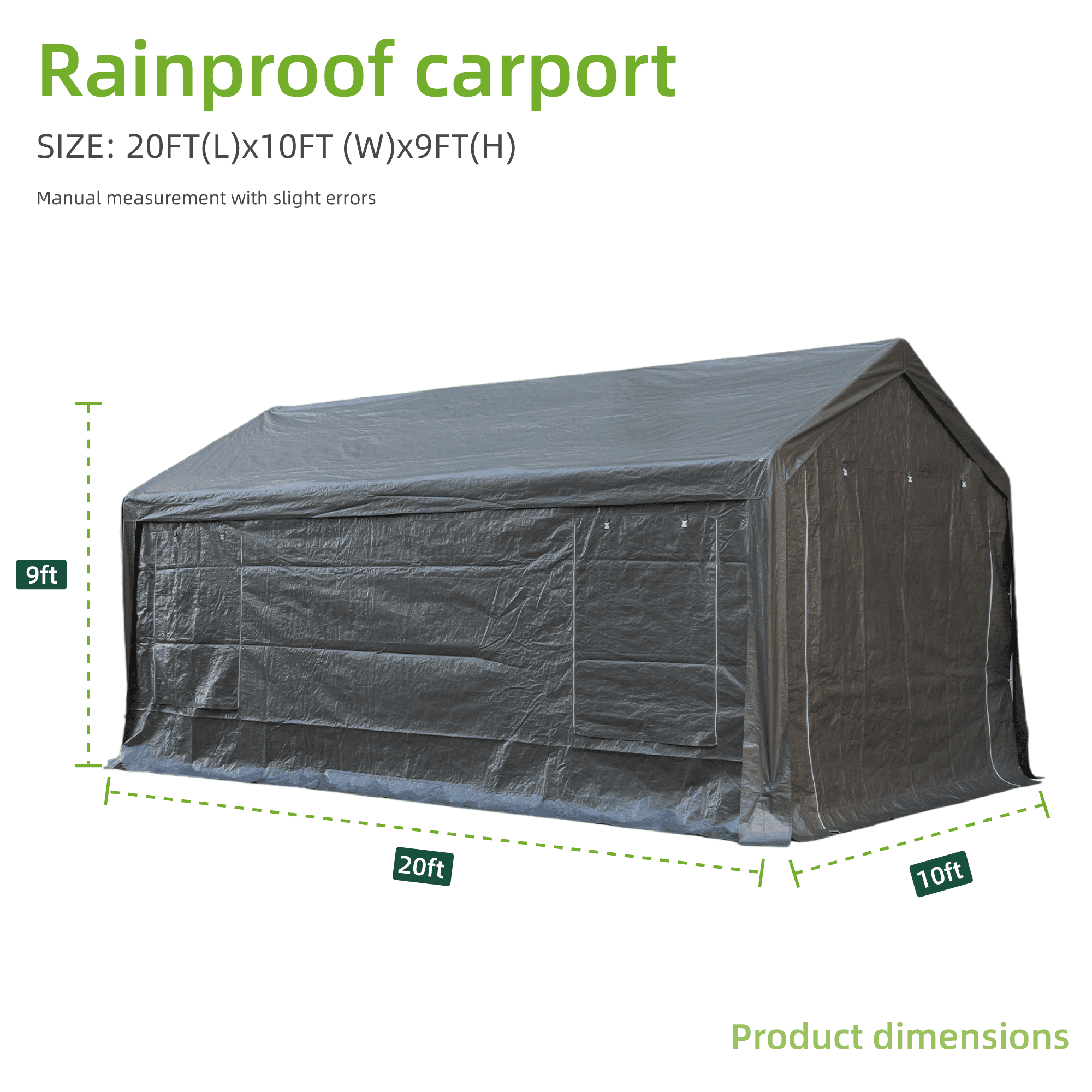 Car Ports, 10X20 Ft Heavy-Duty Carports With Roll-Up Windows, Portable Garages With Removable Side Walls And Doors, Trucks And Cars With All-Season Waterproof Pe Tarps