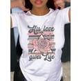thumbnail image 2 of Valentine's Day Gift, His love is like flowers and butterflies, roses, butterflies colorful pattern Camisetas de verano para mujer, manga corta, cuello redondo, casual, lindo, con gráficos, camisetas, 2 of 6