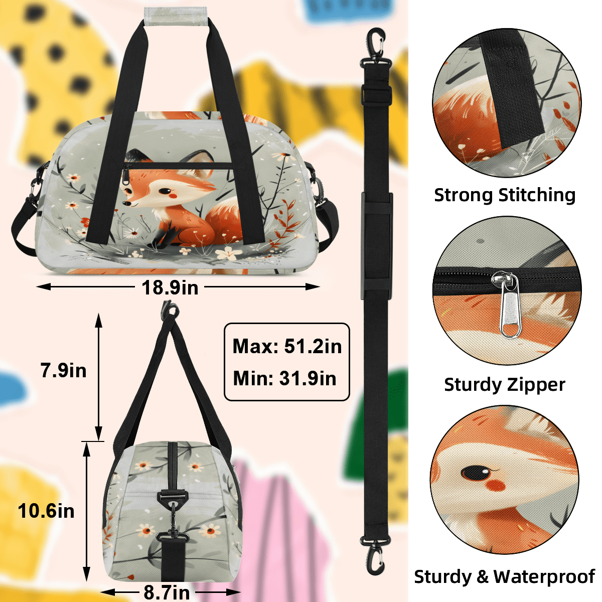 Herdesigns Fox Sports Duffle Bag for Women & Men, Animals Gym Bag Dance Bag Overnight Bag Carry On Weekender Travel Bag
