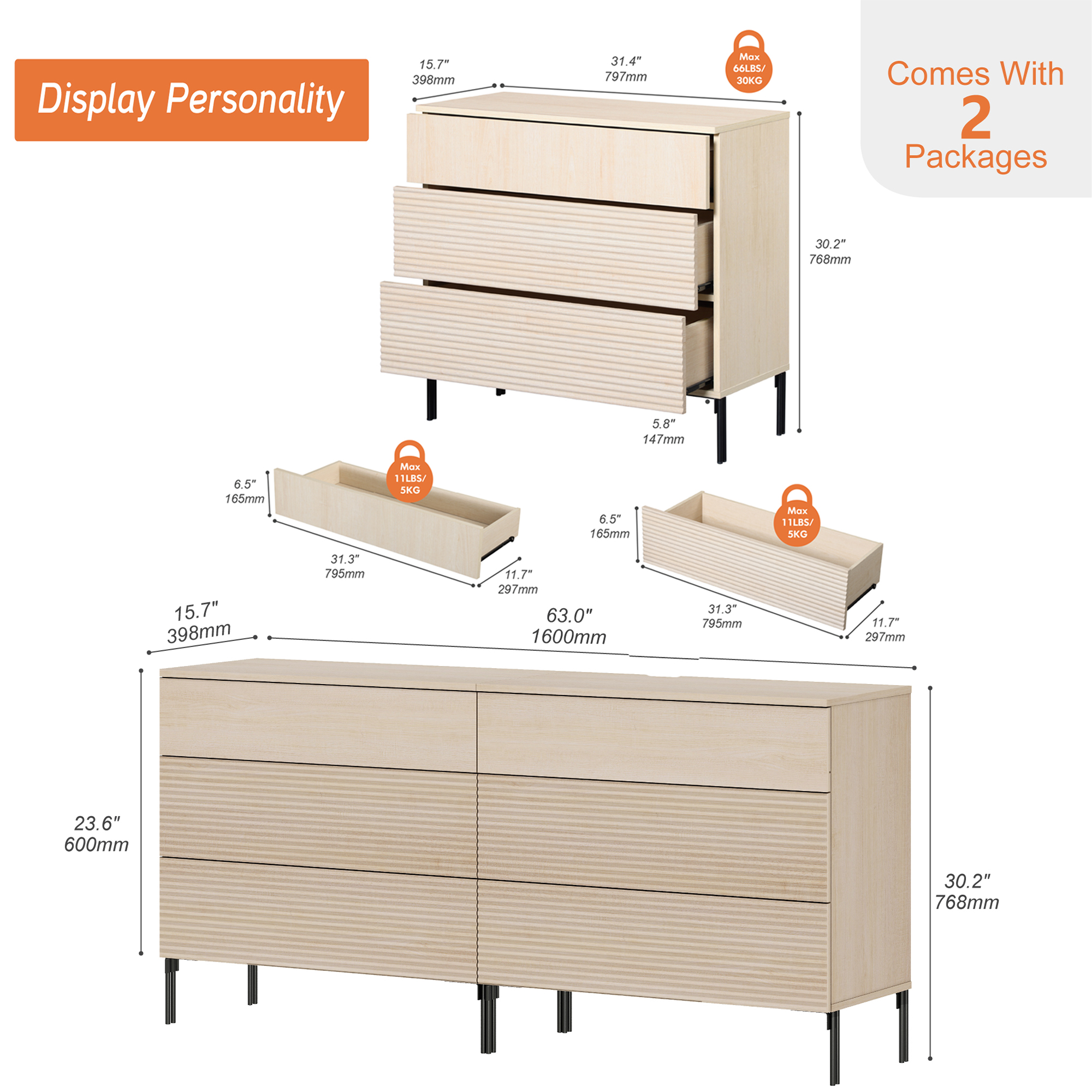 Modern 6 Drawer Dresser TV Stand for TVs up to 75 Inch, Reeded Entertainment Center, Wood TV Console with Storage for Living Room