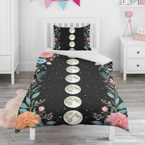 Moon Phases with Flowers Duvet Cover and Pillowcase Set for Single Bedding, Bedroom Accessories for Kids Teens