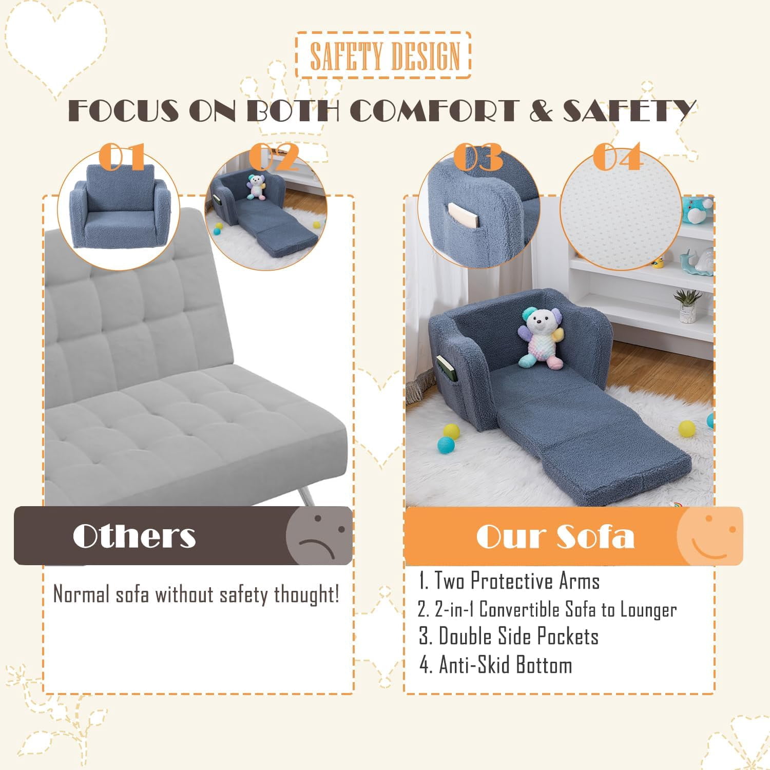 Toddler Baby Chair Couch Sofa Kids Foldable 2-in-1 Sherpa Fold Out Couch Bed Toddler Chairs Comfy for Boys & Girls Convertible Kids Furniture Lounge Chair for Playroom with Double Pockets, Dark Grey