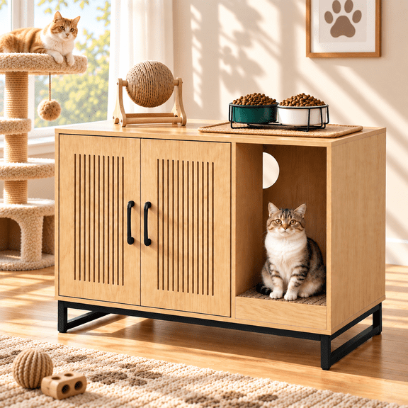 KATHY&BOB Hidden Cat Litter Box Enclosure Furniture with Cat Scratch Mat, Wooden Cat Litter Cabinet with Striped Grooved Design, Cat Washroom, Natural