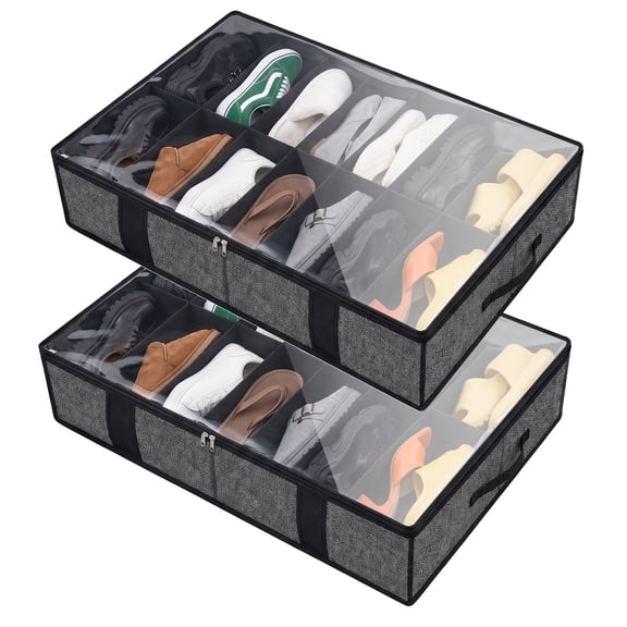 Behome 2-Pack Under Bed Shoe Storage Organizer, Breathable Shoe Containers with Clear Cover & Reinforced Handles, Foldable Shoe Storage Box for Women & Men, Fits 14 to 28 Pairs