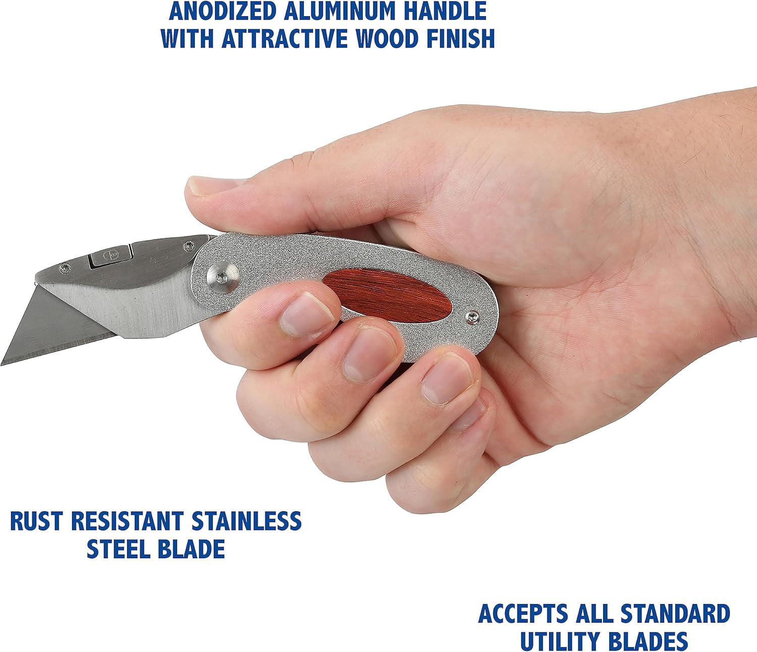Folding Utility Knife, Accepts Standard Utility Knife Blades, Box Cutter Aluminum Handle, Attractive Wood Finish, For Home, Office, Trades, and Warehouse