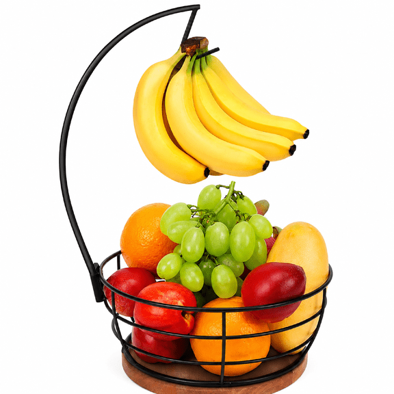 Countertop Fruit Basket with Banana Hanger, Modern Standing Fruit Bowl Storage with Tree Hook, Wooden Base - Round, Black