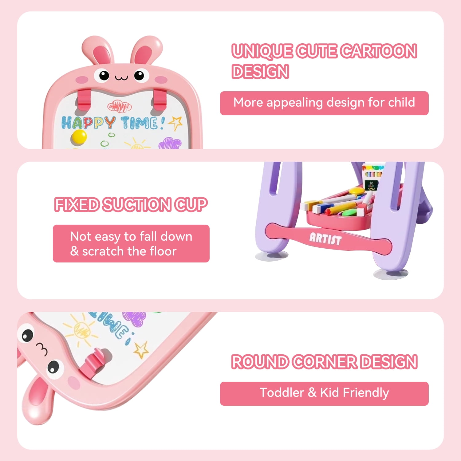Aijohnny Rabbit Easel for Kids, Adjustable Standing Magnetic Drawing Board with Chair for Girls & Boys, Birthday Gift for 3-5 5-8 Year Old