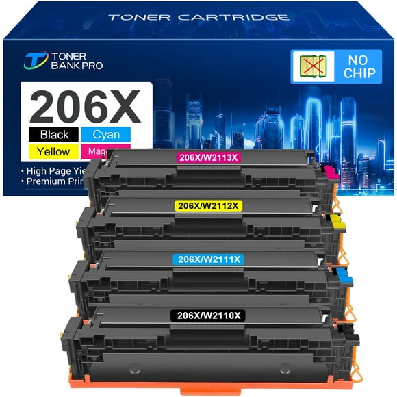 206X 206A Toner Cartridges No Chip 4 Pack High Yield Compatible for HP 206X 206A W2110X W2110A Color Laserjet Pro MFP M283fdw M283cdw M255dw M283 M282 M255 Printer Ink (Black Cyan Magenta Yellow)