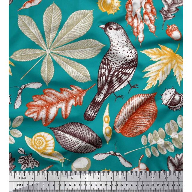 Soimoi Poly Georgette Fabric Bird & Leaves Print Fabric by the Yard 52 Inch Wide