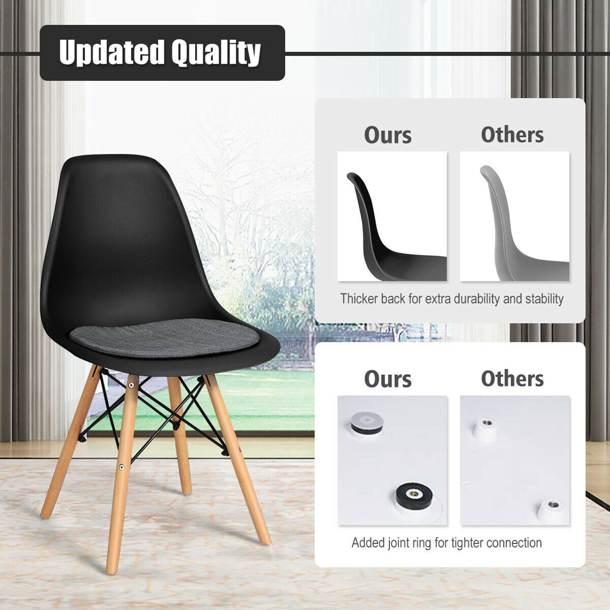 Gymax 4PCS Mid Century Modern DSW Chair Dining Chair Furniture W/ Linen Cushion Black