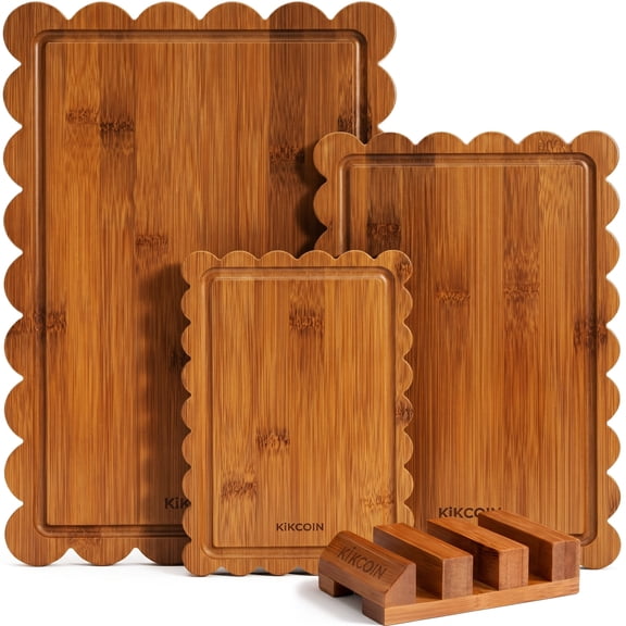 Kikcoin 4-Piece Bamboo Cutting Board Set with Storage Stand, Deep-Carbonized Wooden Cutting Boards for Kitchen, Reversible Chopping Serving Tray