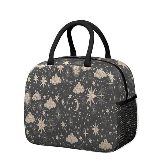 Insulated Lunch Tote Lunch Box for Women Men,Gothic Black Stars and Moon Zipper Closure Lunch Tote Small Leakproof Cute Lunch Cooler with for Work Picnic Camping