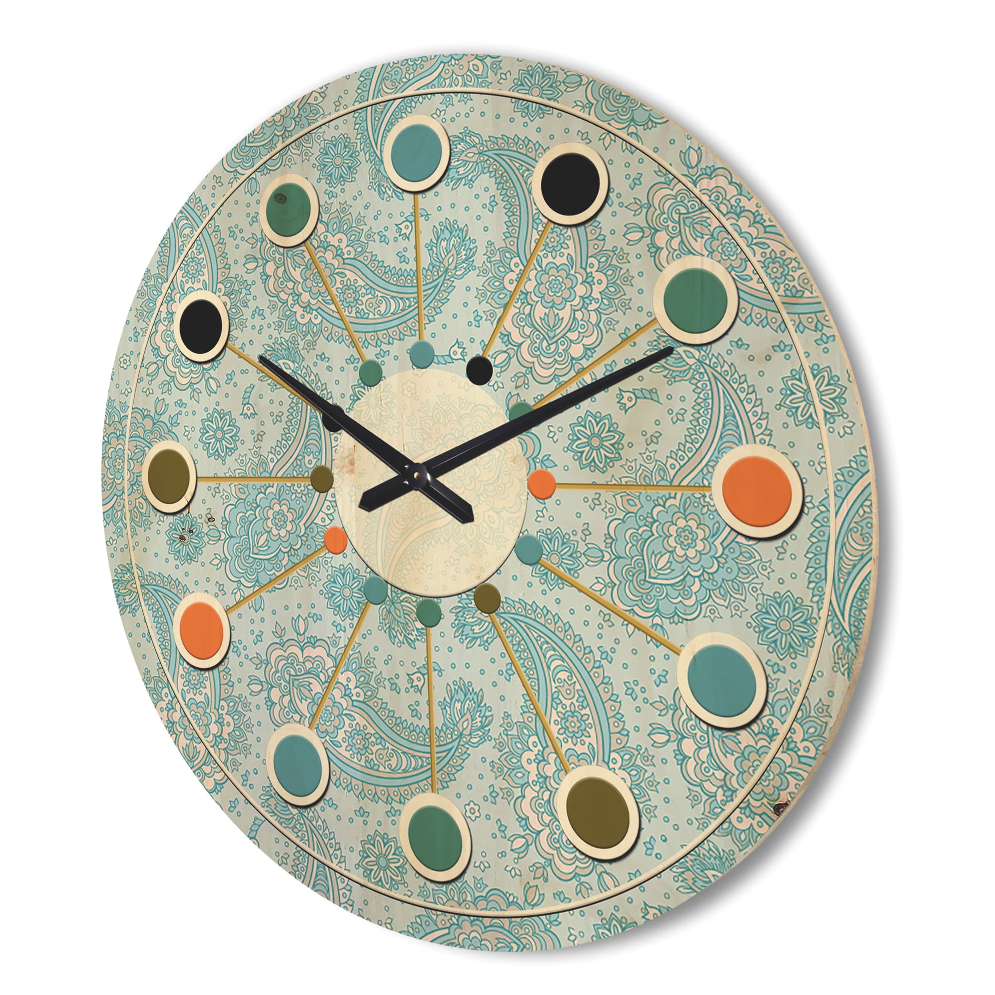 Designart 'Asian Floral Paisley With Retro' Mid-Century Modern Wood Wall Clock