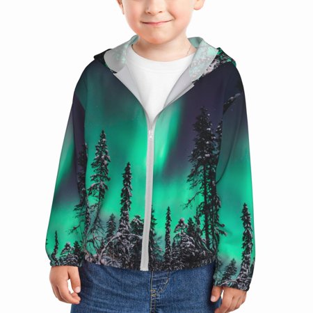

Ocsxa Northern Lights 2 Print Kids Active Zipper Sun Protection Jacket Boys Girls Hooded Cooling Shirt-2 Years