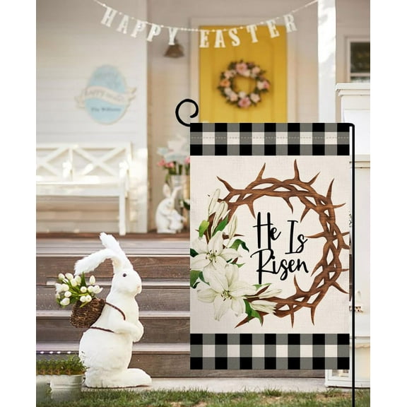 Gyryp Easter Lily Garden Flag 12x18 Vertical Double Sided He is Risen Spring Farmhouse Holiday Outside Decorations Burlap Yard Flag