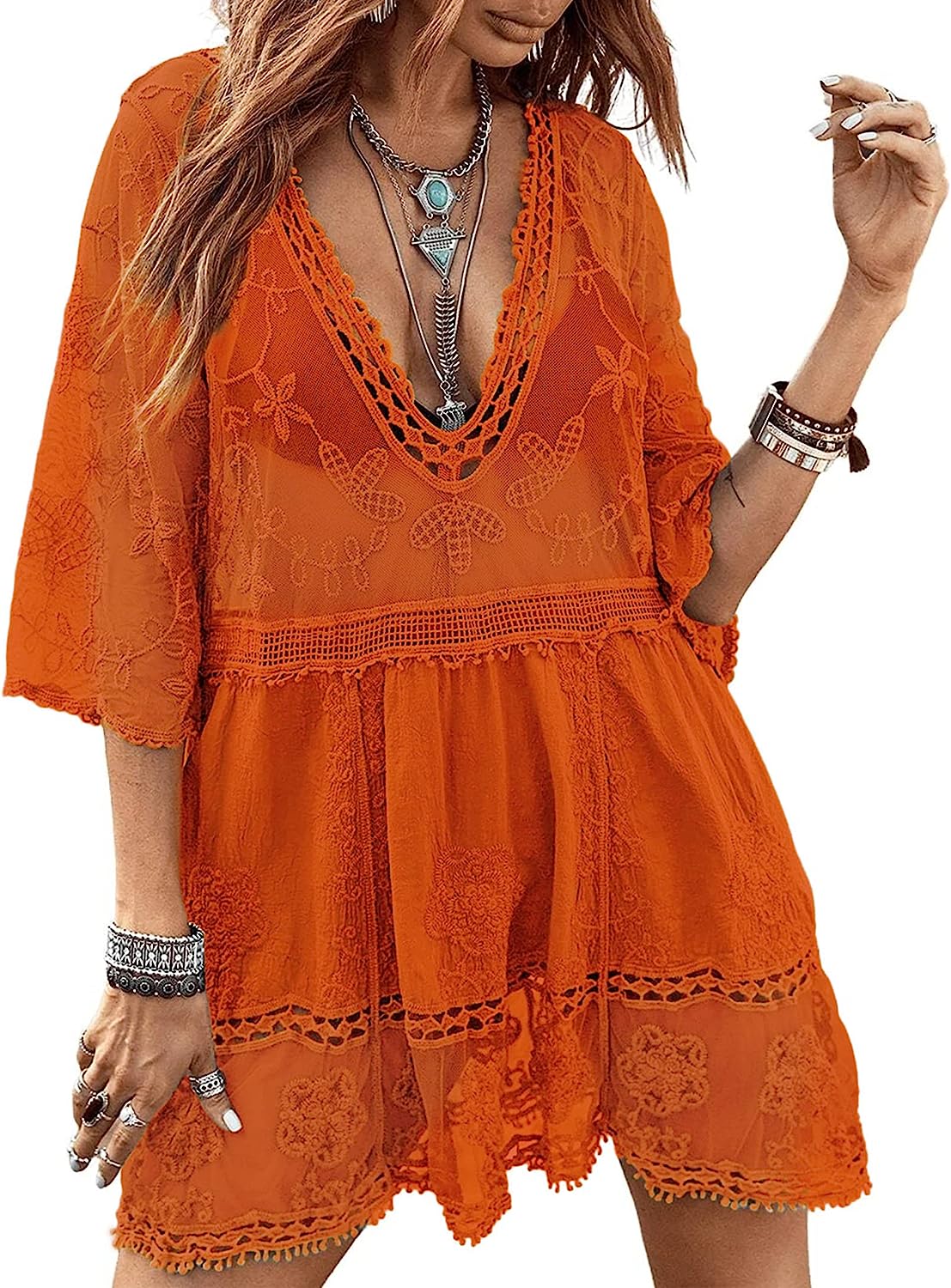 BESTSPR Women's Contrast Lace Bathing Suit Cover Up VNeck Coverups