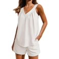 thumbnail image 3 of Short Sets for Women 2 Piece Outfits V Neck Top Drawstring High Shorts Sets White L, 3 of 7