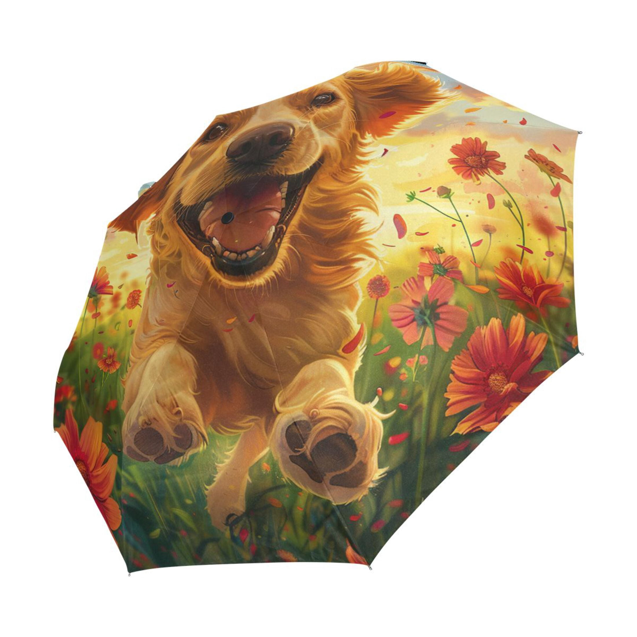 YAZAOO One-Touch Auto Open Close Rain Umbrella With Creative Golden Sunshine Running Free Pattern