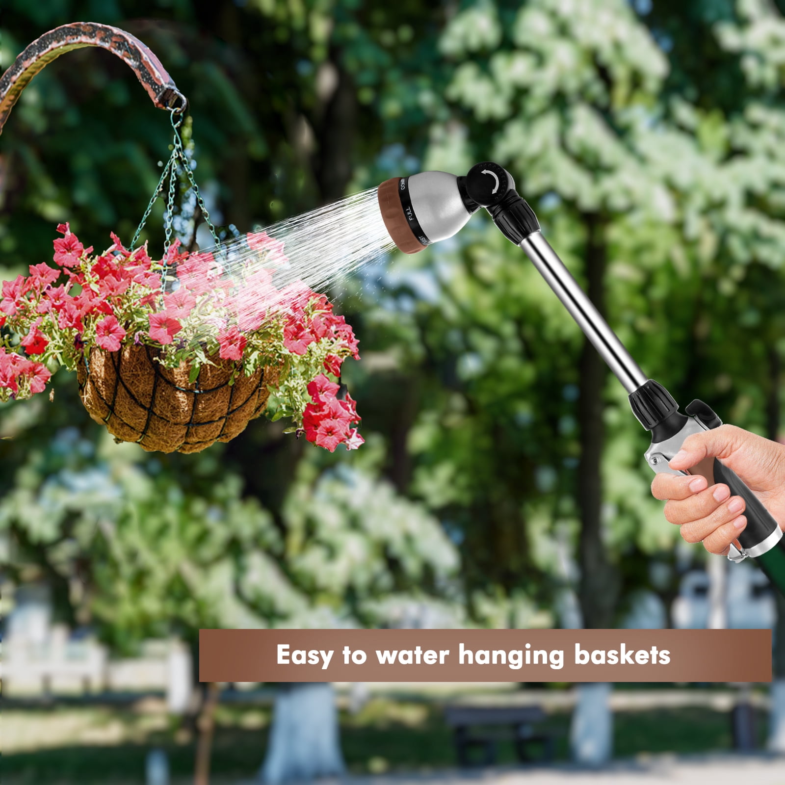Restmo Heavy Duty Metal Watering Wand ,16-Inch Garden Hose Sprayer with 180° Swivel Head, 7 Spray Patterns & Flow Control, Brown