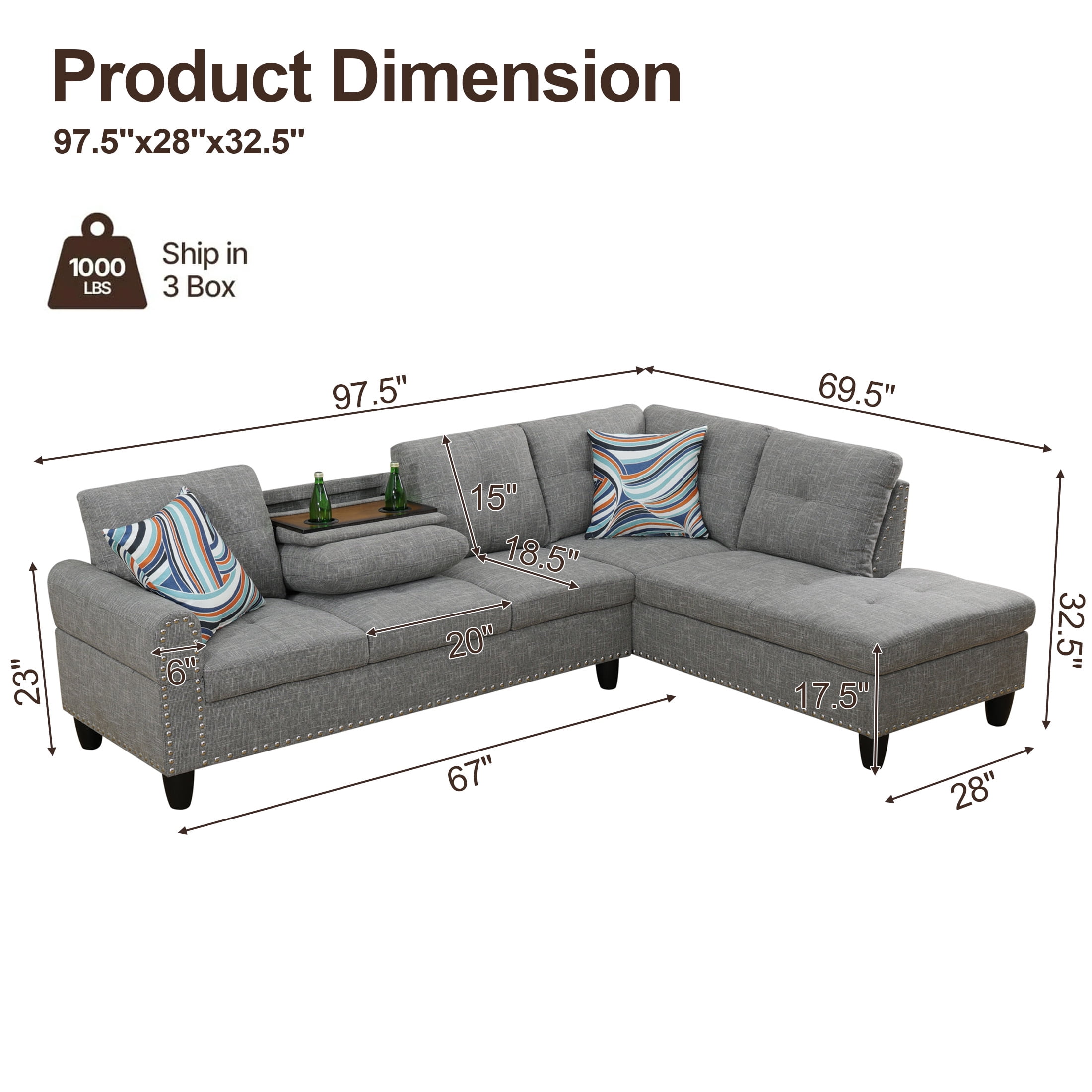 AENKYO 98" L-Shaped Sectional Sofa with Reversible Chaise and Cup Holders, Linen, Gray