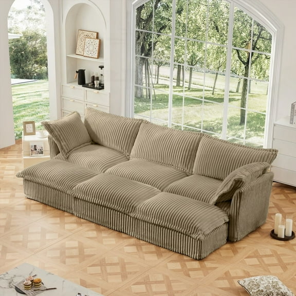 Modern Corduroy 3-Seater Sofa with 3 Ottomans, Oversized and Sturdy Home Theater Sofa