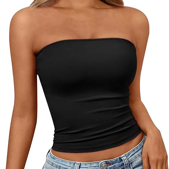 Gsakboxl Tank Tops for Women 2026 New Independent Station Strapless Tube Top Slim Fit Sleeveless Crop Camisole Basic No Shoulder Elegant Fashion Summer Daily Layering Blouse Black L