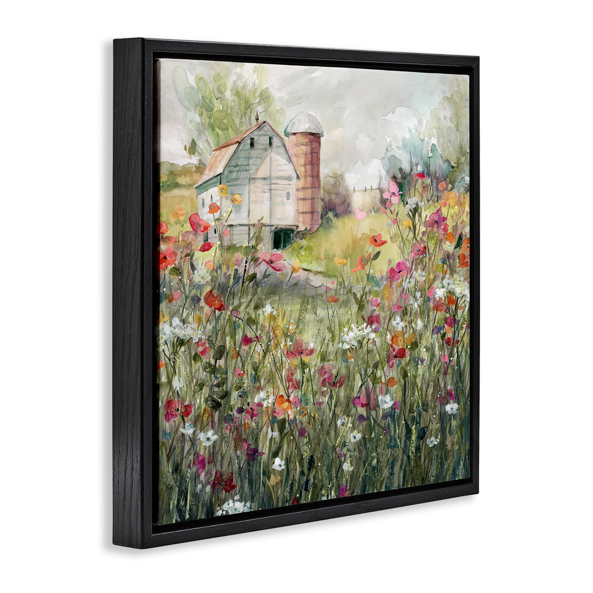 Stupell Industries Vibrant Meadow & Barn Botanical & Floral Painting Black Floater Framed Canvas Art Print Wall Art, 18 x 18