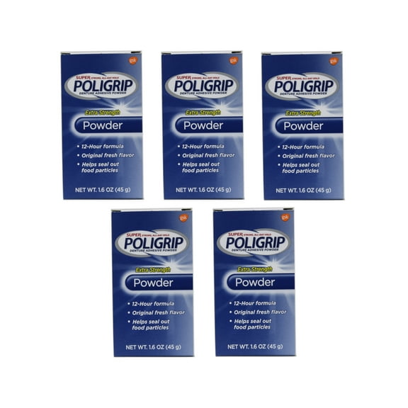 5 Pack Super Poligrip Extra Strength 12h Denture Adhesive Powder, 1.6 Oz Each