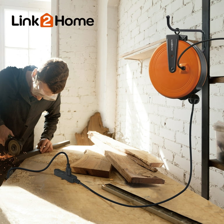 Link2Home Cord Reel 30' Indoor Extension Cord ,Orange